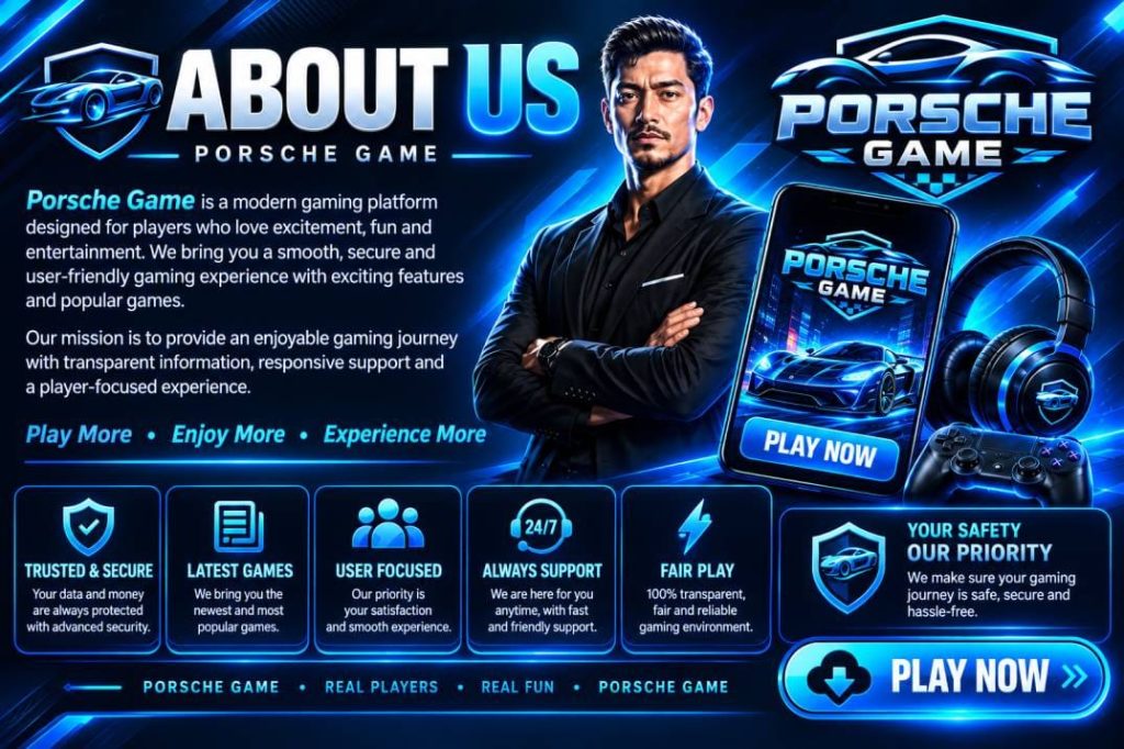 Porsche Game About Us banner featuring a premium blue gaming design, sports car logo, mobile gaming interface, and player-focused features.