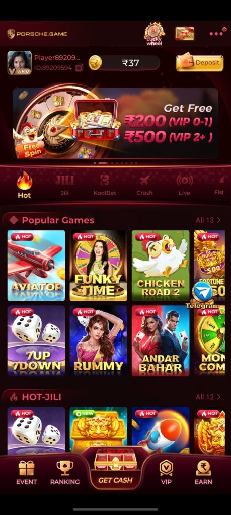 Porsche Game homepage featuring popular games, hot Jili games, VIP section, and a modern red-and-gold gaming interface.