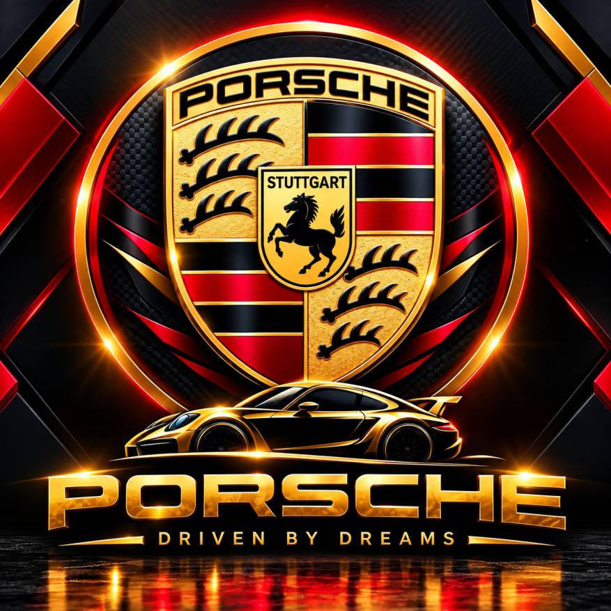 Porsche Game luxury sports car logo with a golden Porsche-style emblem, premium racing design, and bold Porsche Game branding.